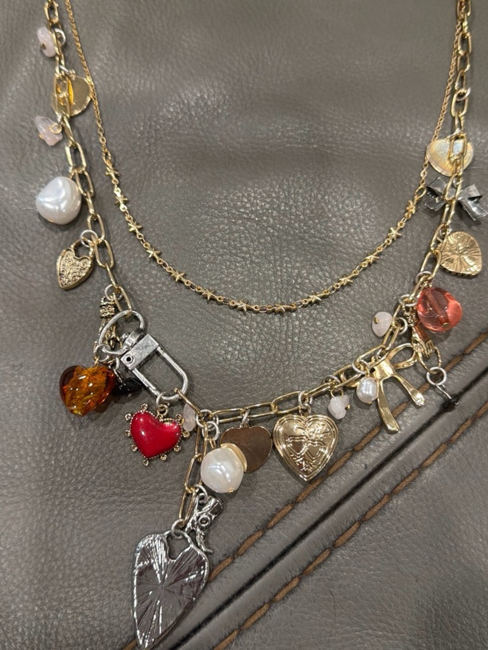 & Other Stories Gold Layered Heart Charm Necklace with Red and Amber Accents